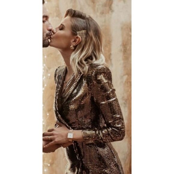 ZARA Gold Sequin Wrap Blazer Tuxedo Dress, XS $159 - Picture 4 of 13